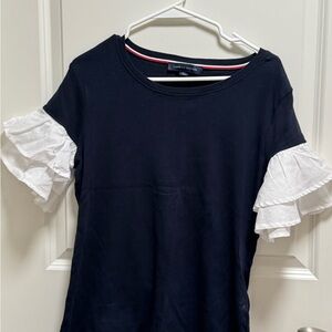 Tommy Hilfiger Navy Top with White Ruffle Sleeves